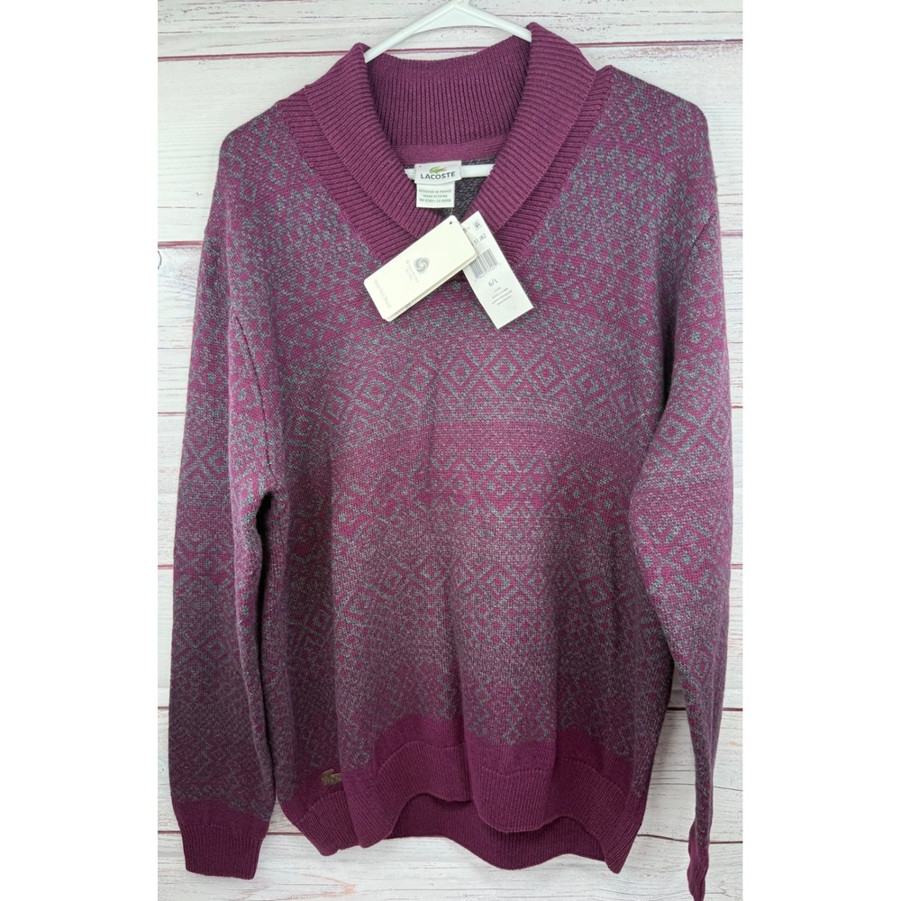 Lacoste Mens Wool Blend Geometric Diamond V-Neck Sweater Cherry GG1406 Size 6